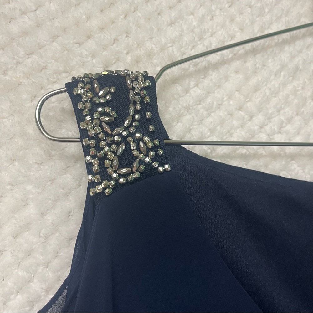 Betsy & Adam Navy Blue Cold Shoulder Popover Dress Embellished Cuffs Size 10 - Picture 4 of 12